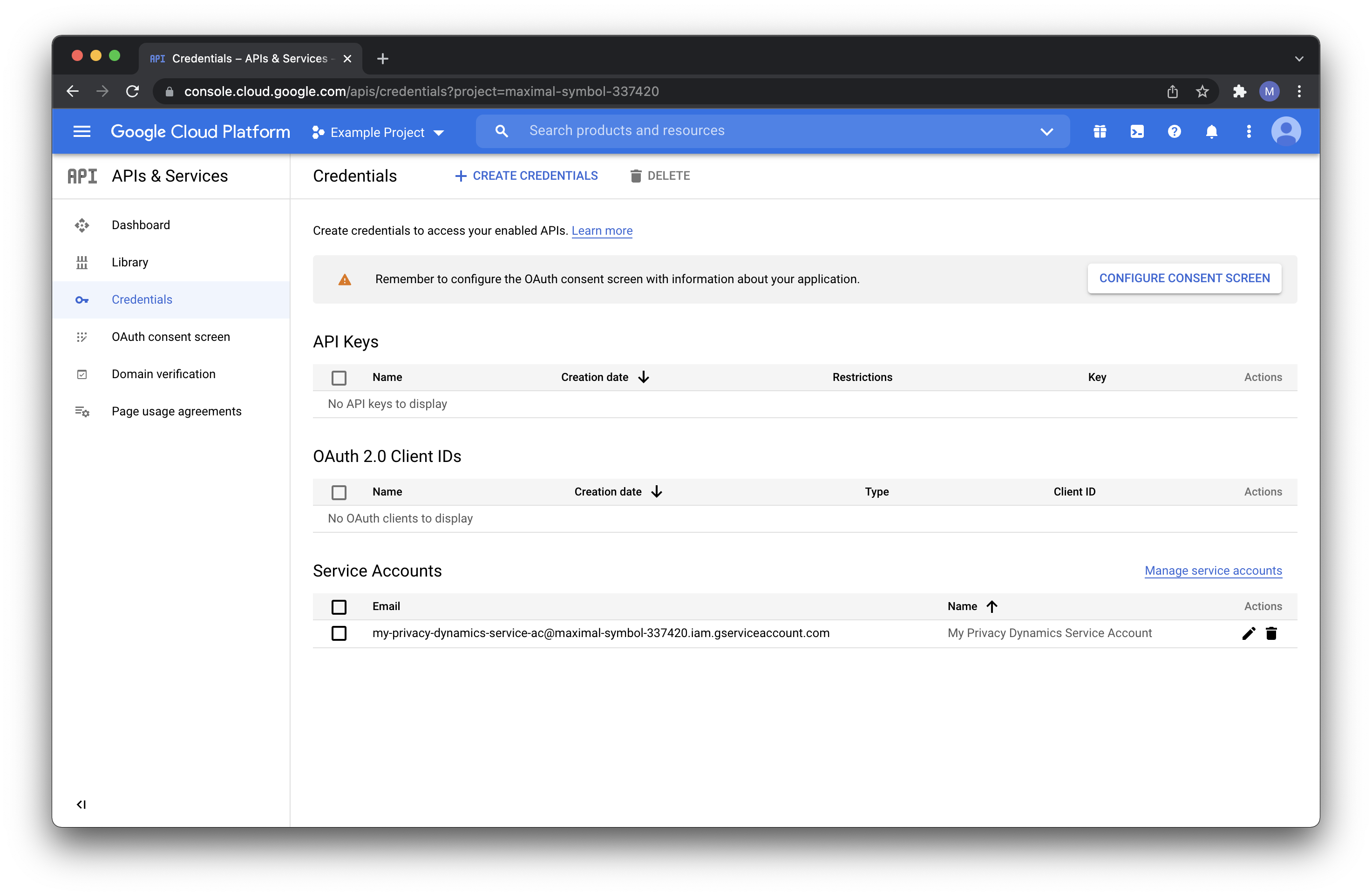 The Google Cloud Platform API Manager creates your new Privacy Dynamics’ service account.
