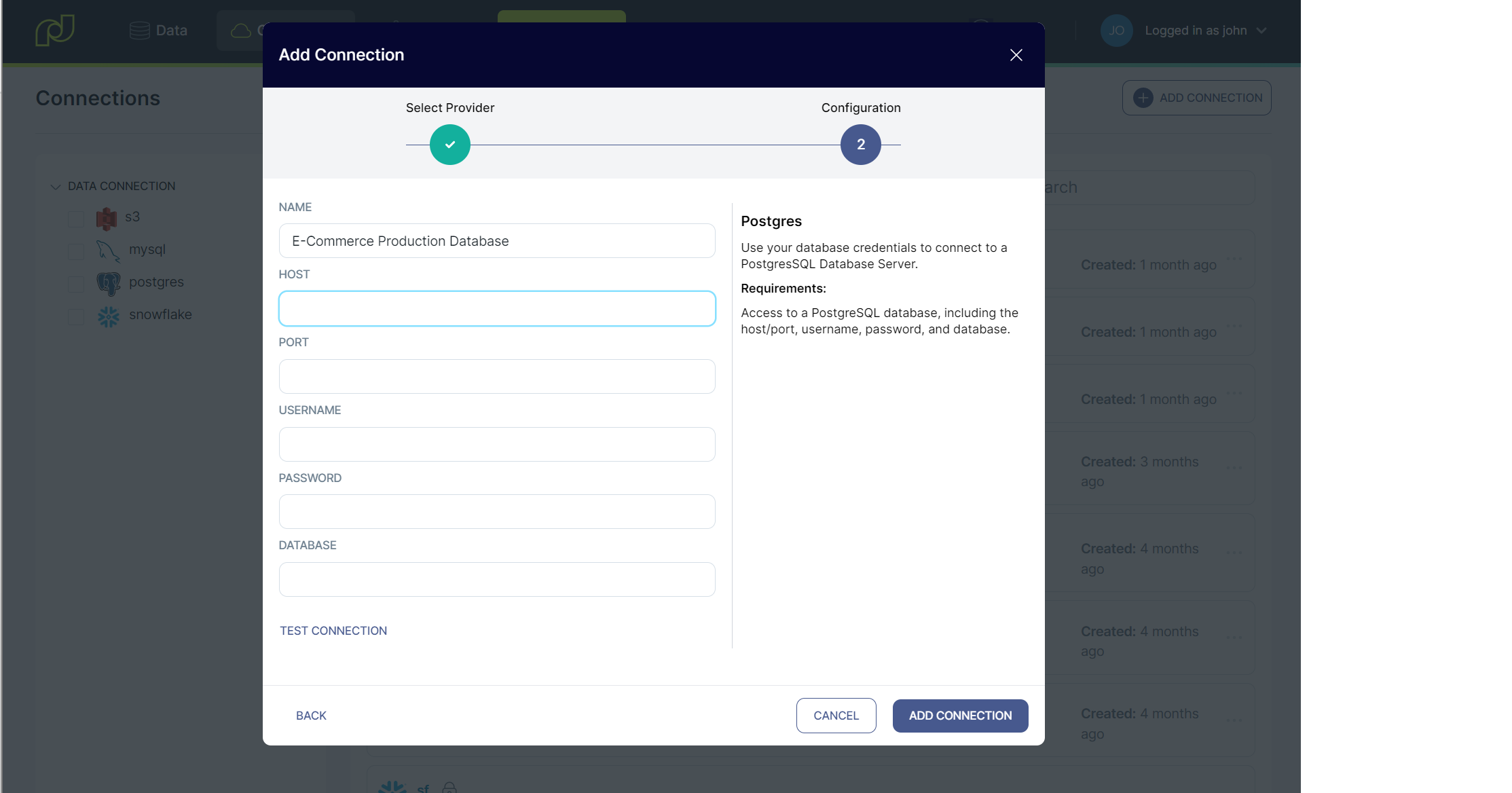 Modal window showing the creation of a data connection to Postgres