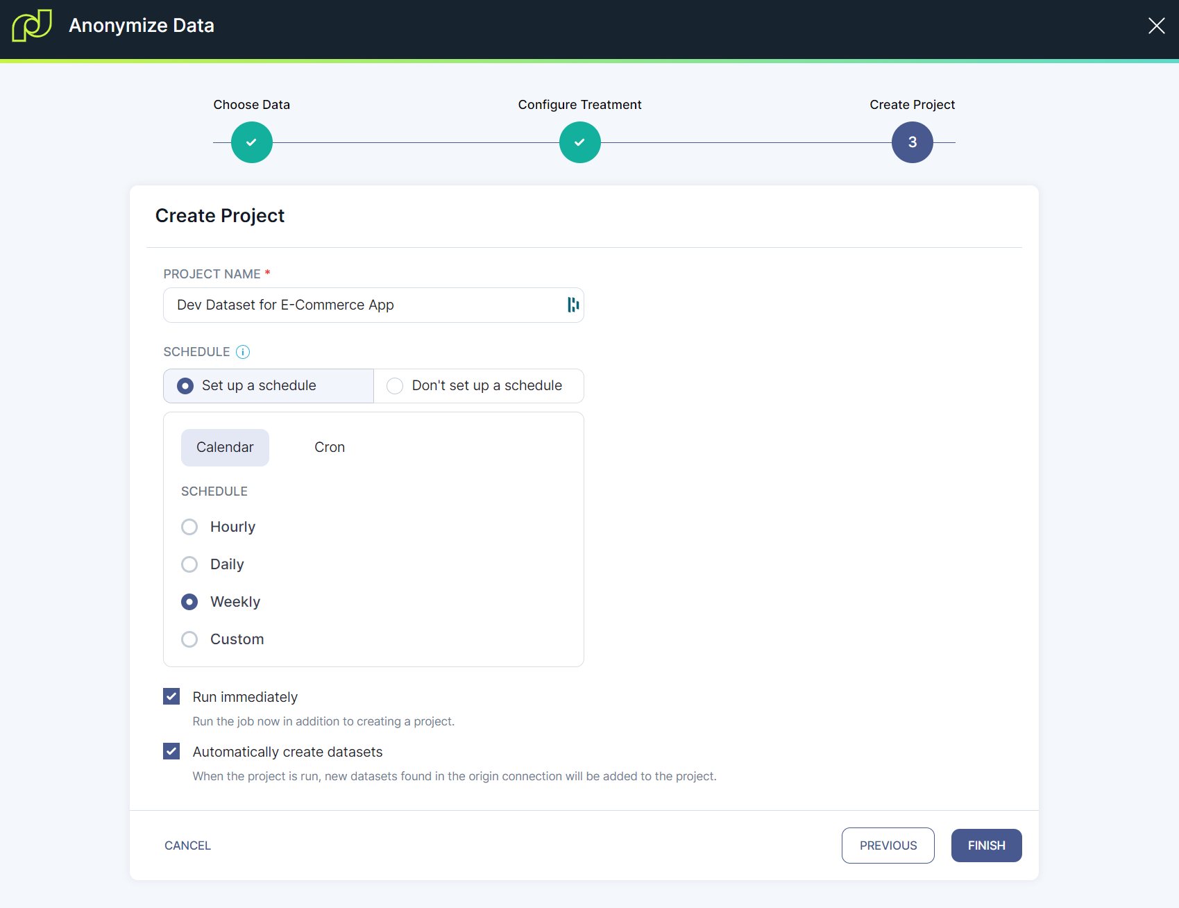 Modal window showing the creation of a project with the Automatically create datasets option checked